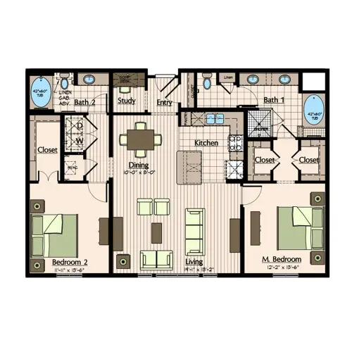 1900 Yorktown Apartments 2 Beds floor plan, 1380 sqft