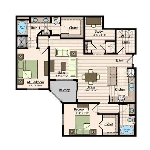 1900 Yorktown Apartments 2 Beds floor plan, 1400 sqft