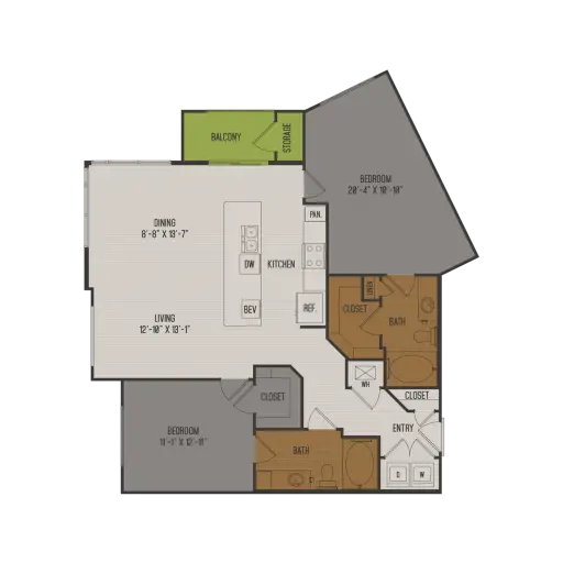 2626 Fountain View 2 Beds floor plan, 1245 sqft