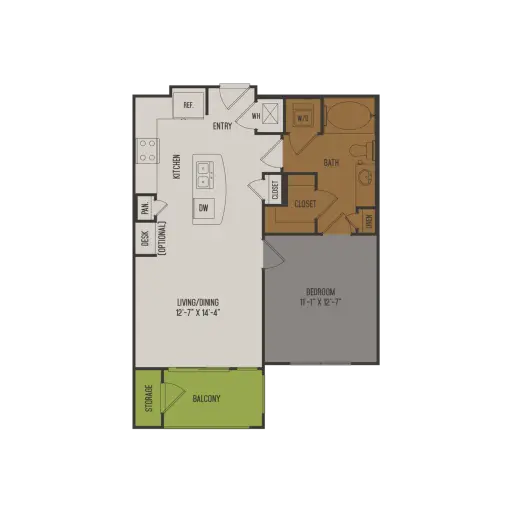 2626 Fountain View 1 Bed floor plan, 672 sqft