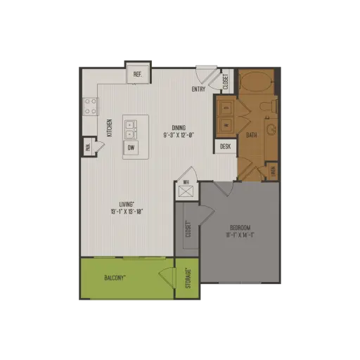 2626 Fountain View 1 Bed floor plan, 835 sqft