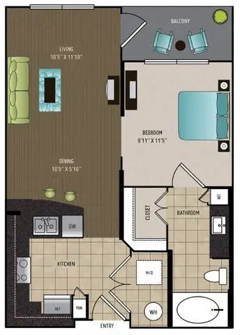 24Eleven Washington 1 Bed floor plan, 585 sqft