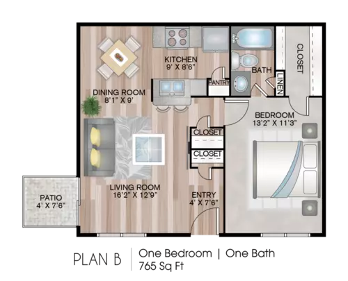3 Corners East 1 Bed floor plan, 765 sqft