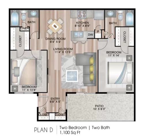 3 Corners East 2 Beds floor plan, 1100 sqft