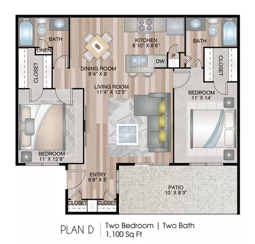 3 Corners East 2 Beds floor plan, 1100 sqft