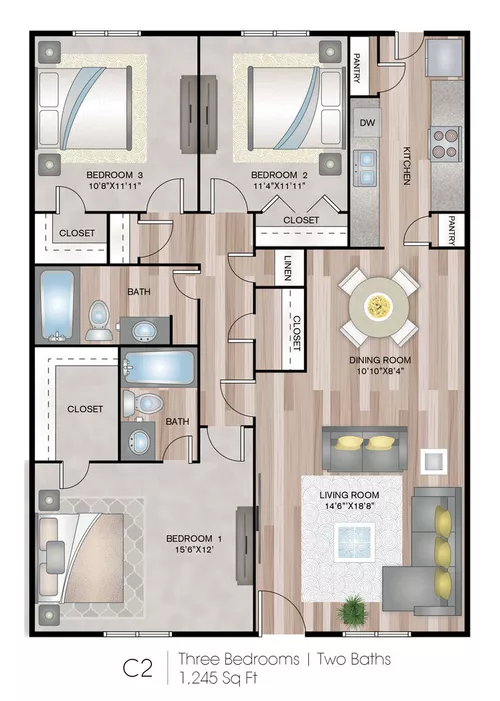 3 Corners West 3 Beds floor plan, 1296 sqft