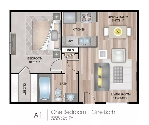 3 Corners West 1 Bed floor plan, 555 sqft