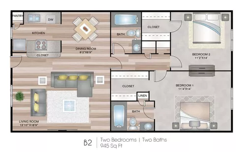 3 Corners West 2 Beds floor plan, 945 sqft